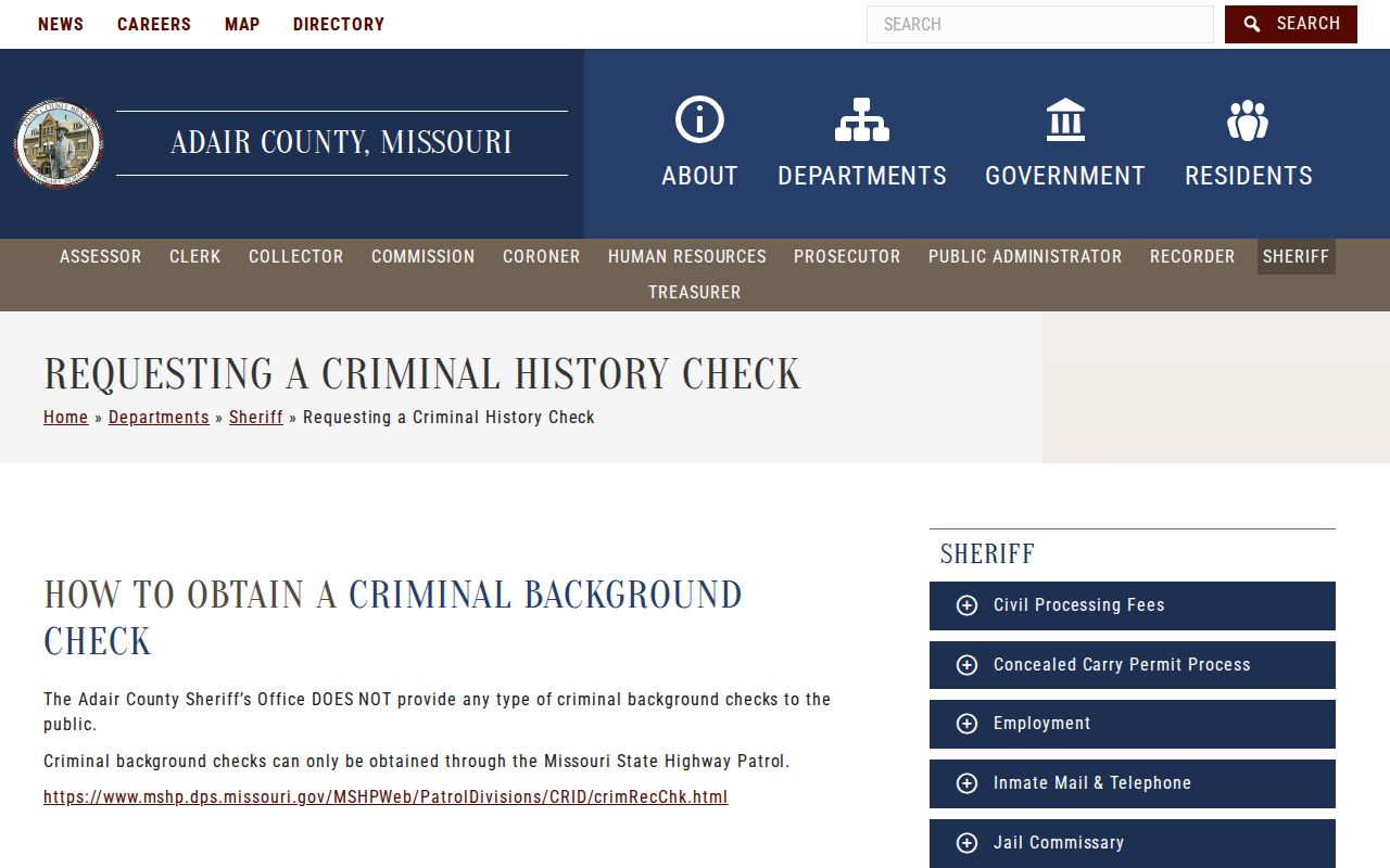 Adair County criminal history check redirect to Missouri State Highway Patrol