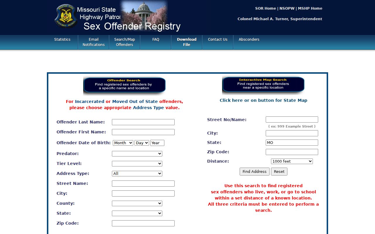 Missouri registry search form for an Adair County sex offender search